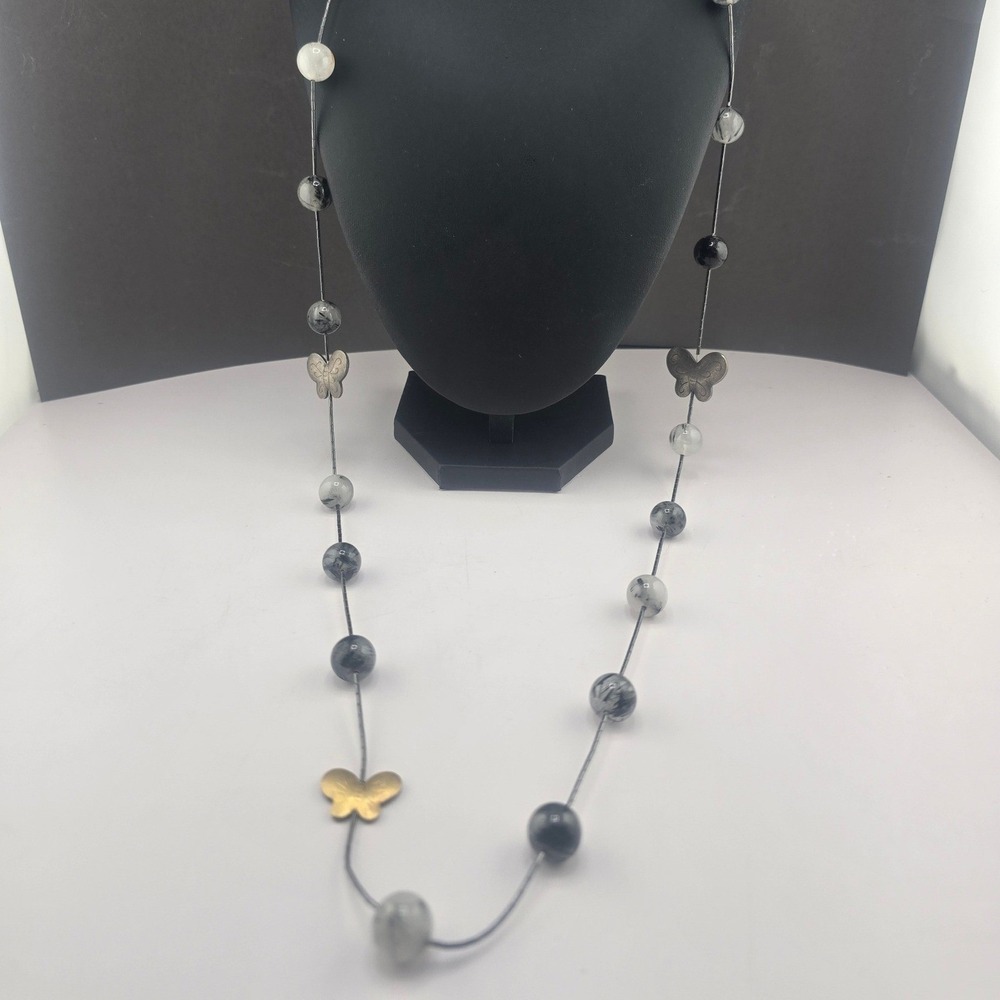 Estate Butterfly Long Beaded Necklace Black White  Silver Tone 40in